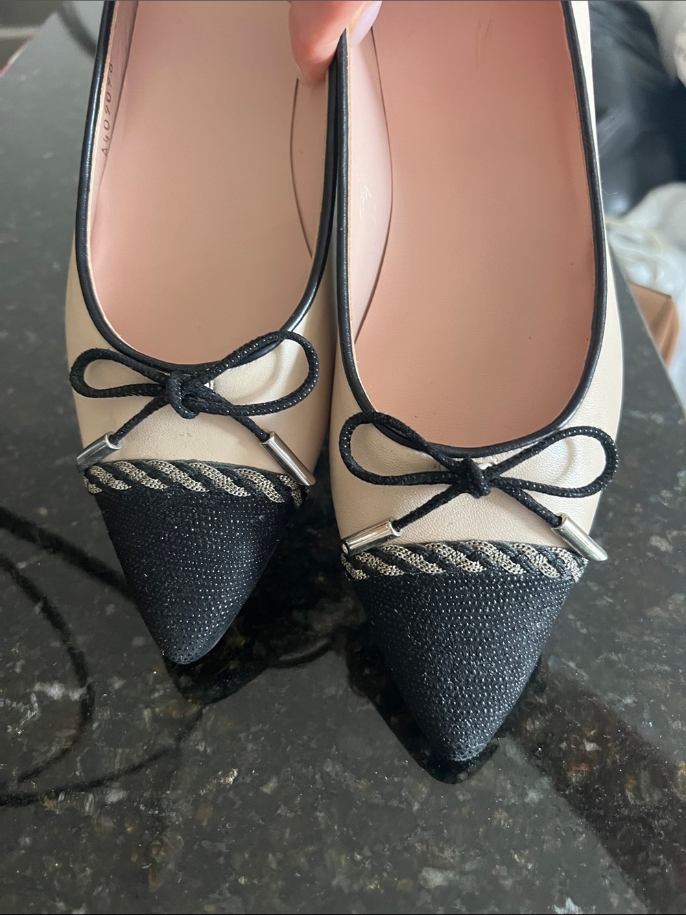 Stuart Weitzman Two-Tone Pointed Toe Ballet Flats in Black & Cream